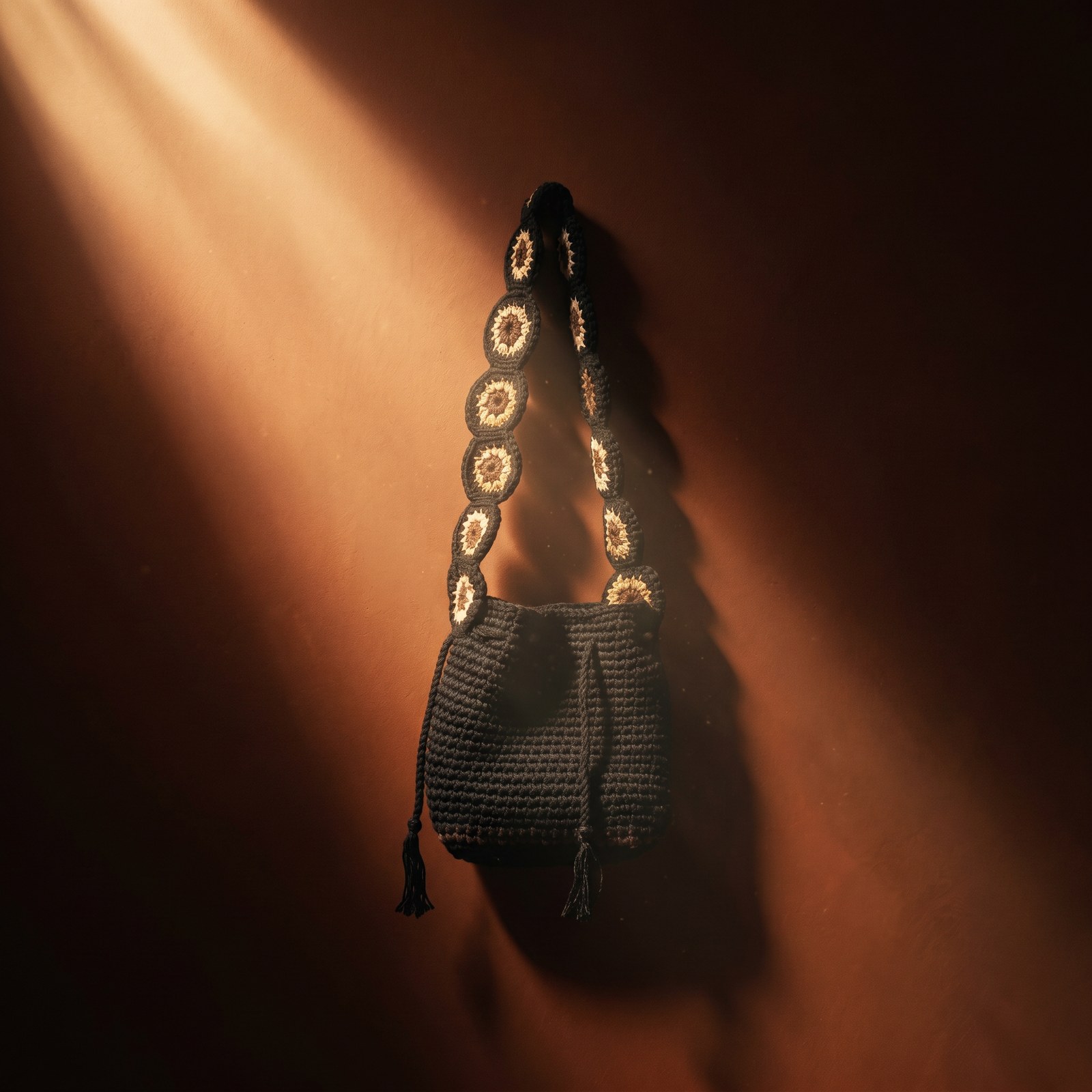 Bolsa Ojos de la Tierra · pieza negra colgada en pared terracota · luz dorada cinematográfica · TUÁ